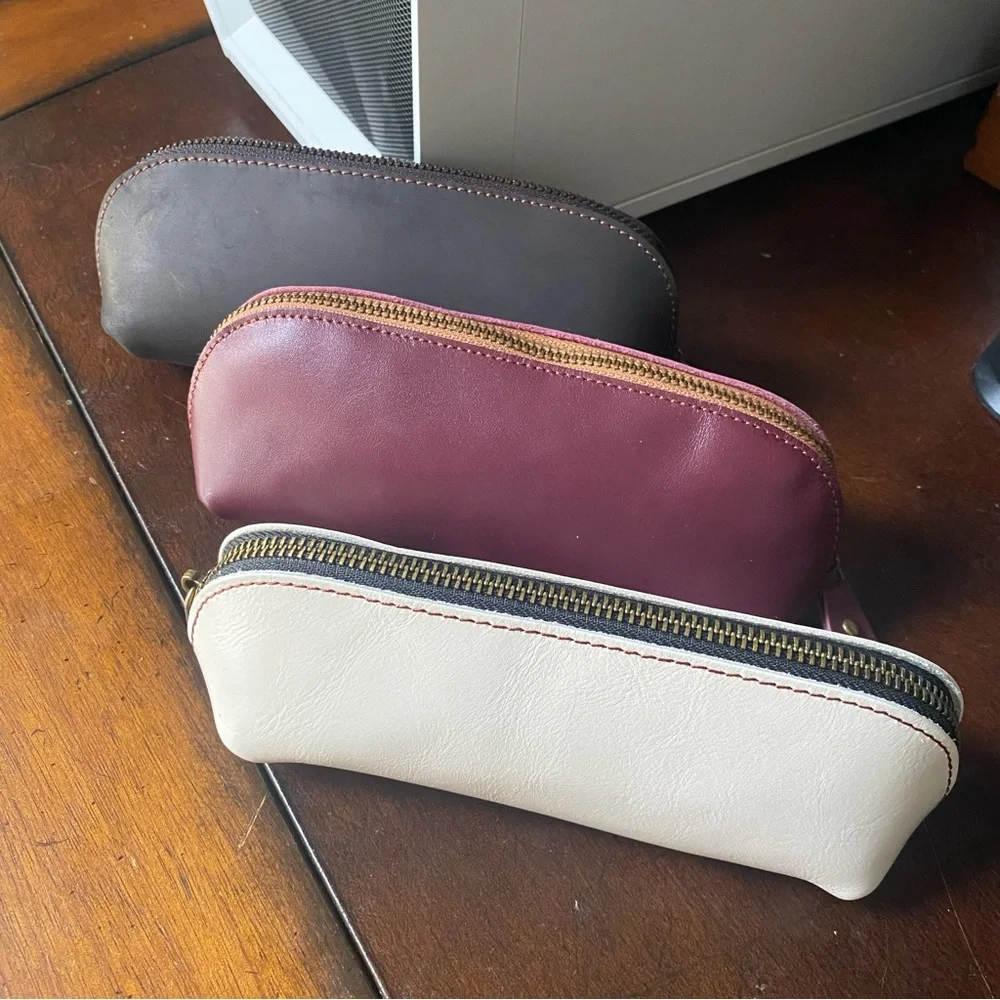 Crazy Horse Real Leather Brown Zipper Pencil Pouch Makeup Bag